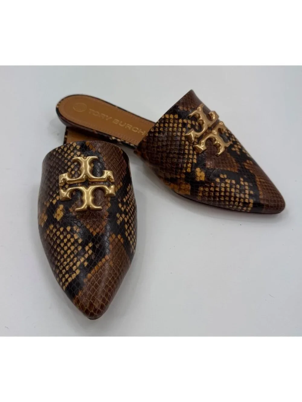 Tory Burch Eleanor Python-Print Leather Mules Gold Logo Size 10M Womens